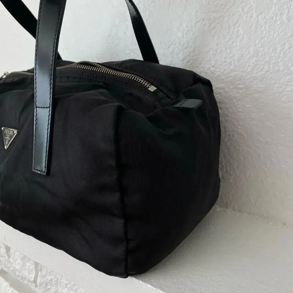 Prada black nylon duffle satchel bag